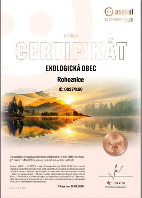 Certifikát Ekologická obec Průvodní dopis
