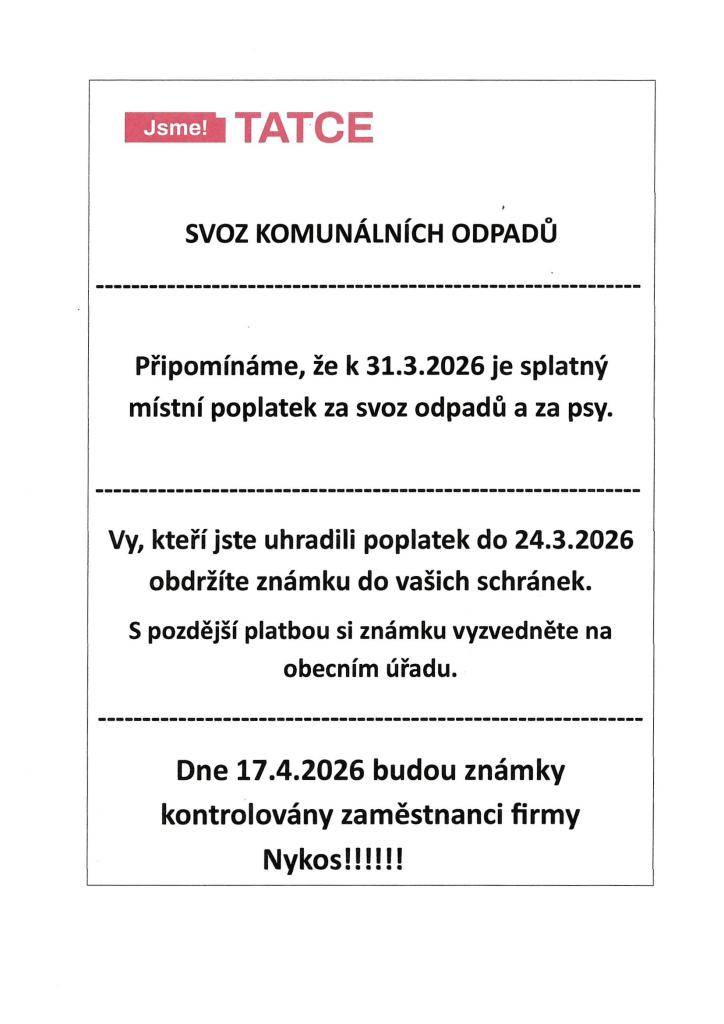Připomínka splatnosti poplatků za rok 2026