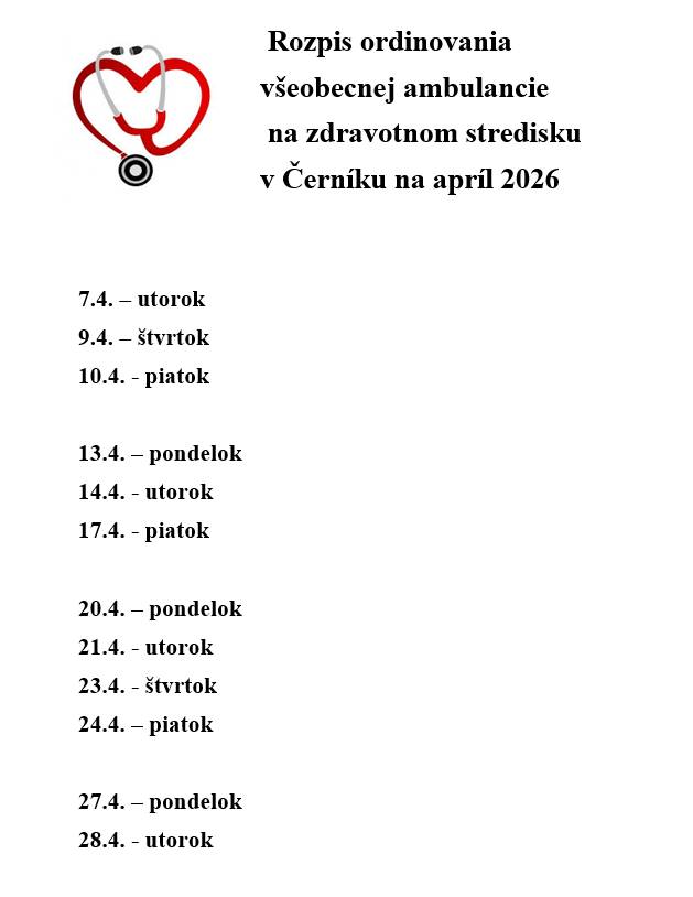 Rozpis ordinovania lekárov všeobecnej ambulancie na apríl 2026