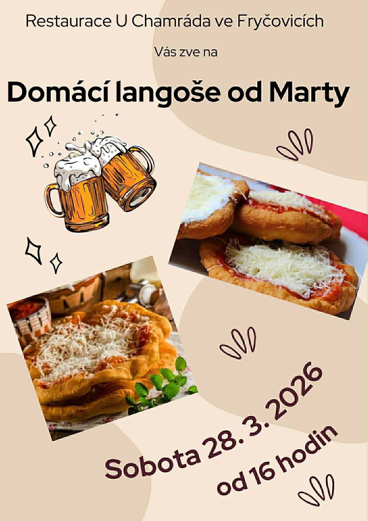 Restaurace U CHAMRÁDA Vás zve na DOMÁCÍ LANOŠE OD MARTY v sobotu 28.3.2026 od 16 hodin.