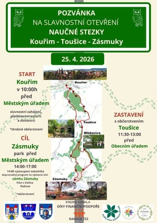Zásmucké spolky za finanční podpory Nadace ČEZ a Města Zásmuky, Vás srdečně zvou k otevření Naučné stezky Kouřim -Toušice - Zásmuky s doprovodným programem, který se uskuteční dne 25.4.2026.