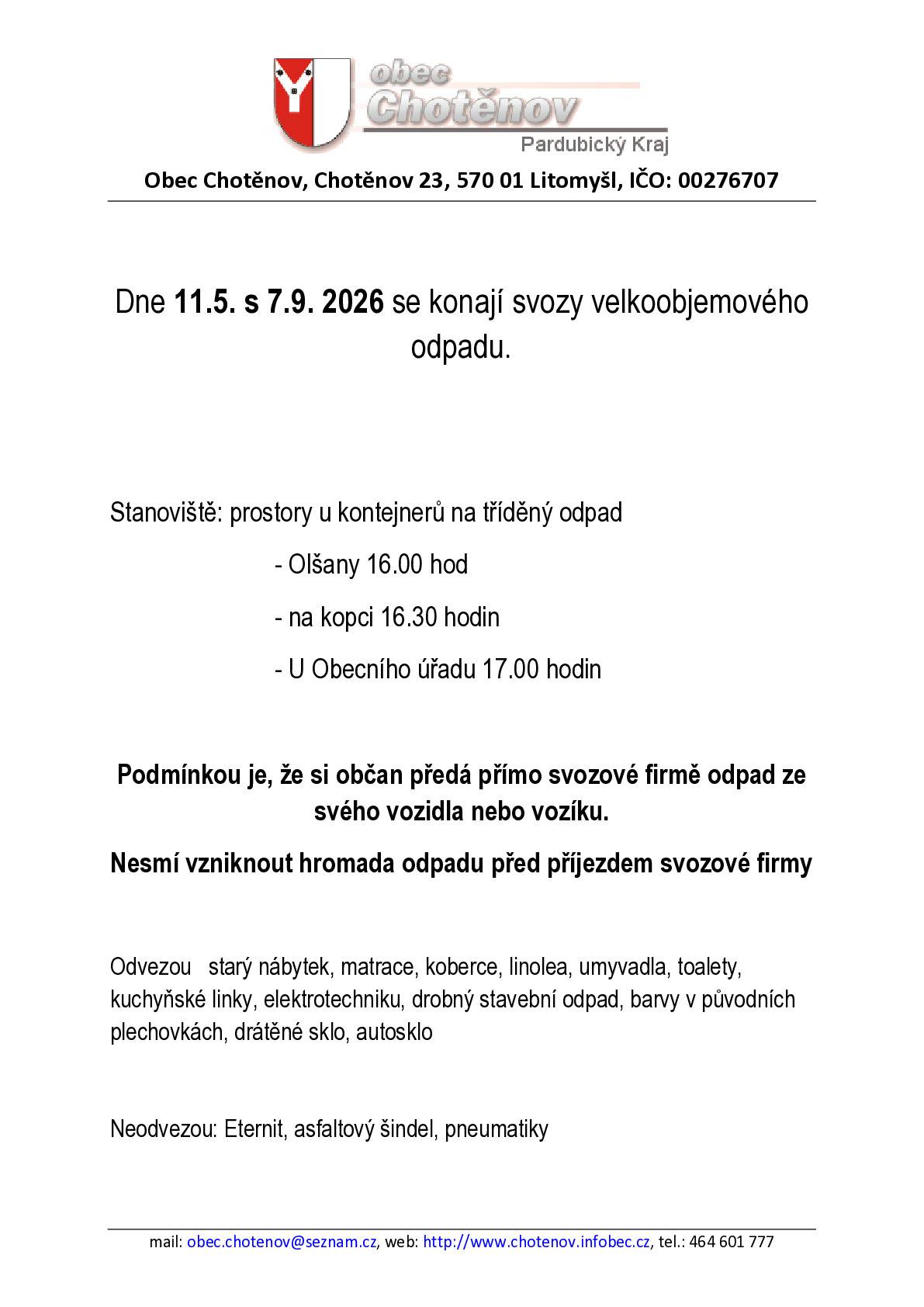 Svoz velkoobjemového odpadu 11.5. a 7.9.2026