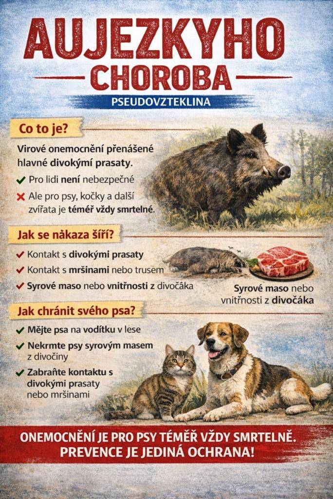 V honitbách sousedících s naším katastrálním územím byl potvrzen výskyt Aujezkyho choroby-Pseudovztekliny. Pro člověka není nebezpečná, ale pro psy ano. Je proto nutné dodržovat určitá opatření, která zabrání případnému přenosu.