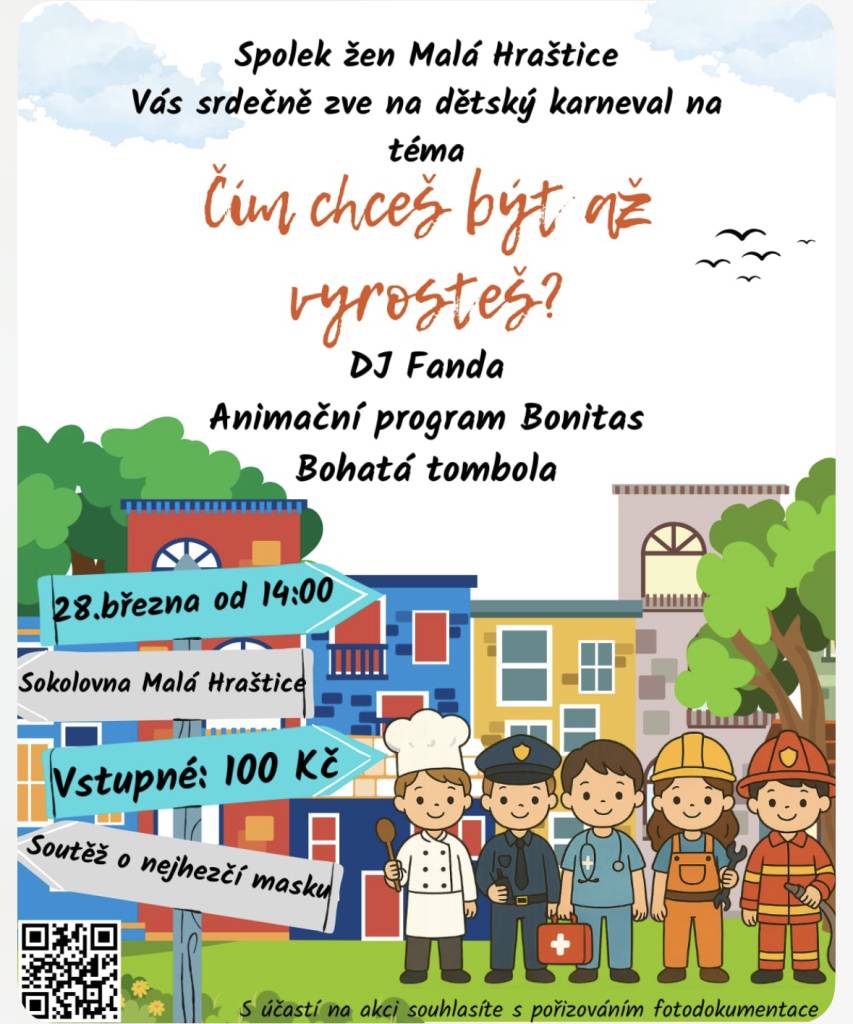 Spolek žen Malá Hraštice vás srdečně zve na dětský karneval na téma : Čím chceš být až vyrosteš. Můžete se těšit:  DJ Fanda, animační program Bonitas, bohatá tombola.