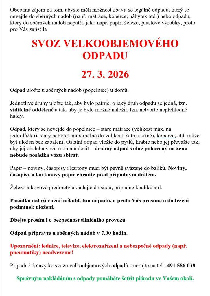 Svoz velkoobjemového odpadu proběhne 27. března 2026