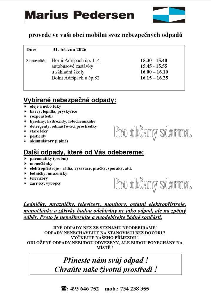 Svoz nebezpečných odpadů proběhne 31. března 2026