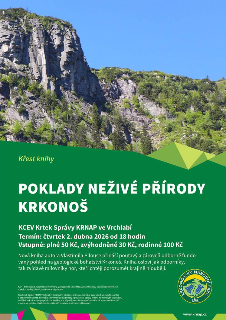 Srdečně vás zveme na křest knihy Poklady neživé přírody Krkonoš od autora z našeho města, pana Vlastimila Pilouse. 📅 čtvrtek 2. dubna 2026 🕔 od 18:00 hodin 📍 KCEV Krtek, Správa KRNAP ve Vrchlabí Přijďte společně oslavit vydání nové knihy a setkat se s autorem osobně.