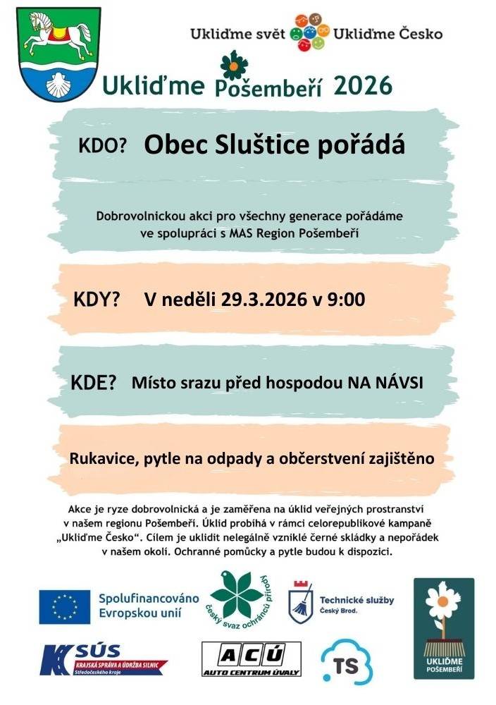 v neděli 29. března 2026 od 09:00hodin, sraz na návsi před hospodou, rukavice, pytle na odpad i občertvení zajištěno.