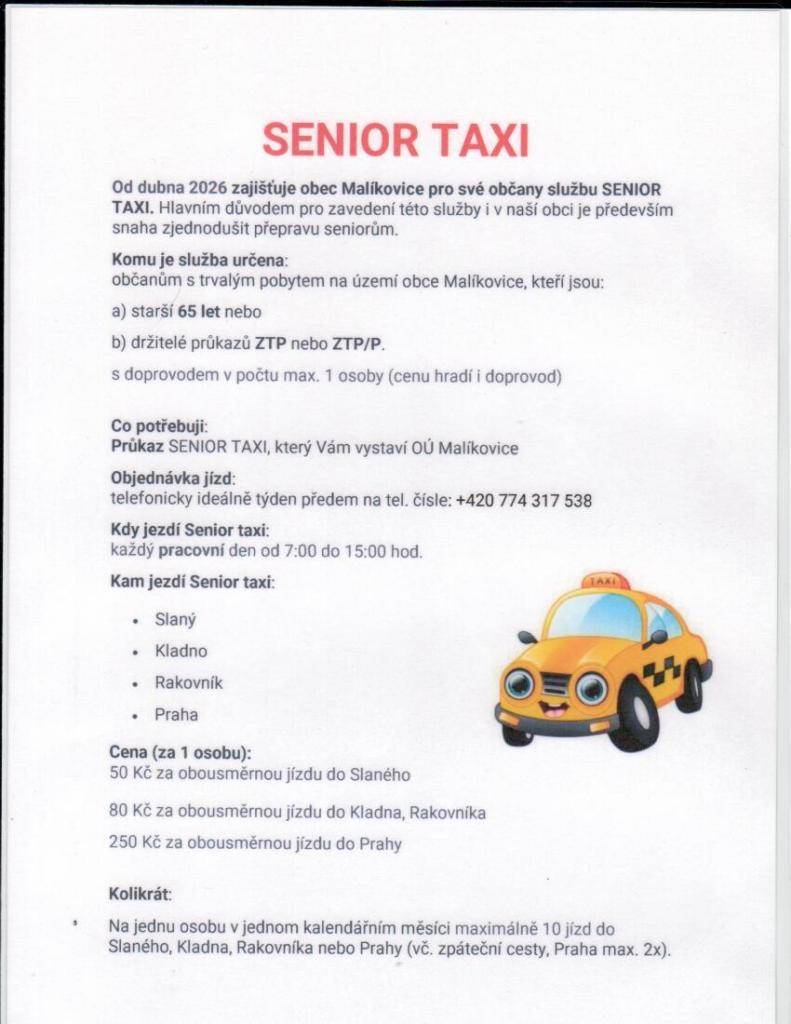 Nová služba pro občany SENIOR TAXI