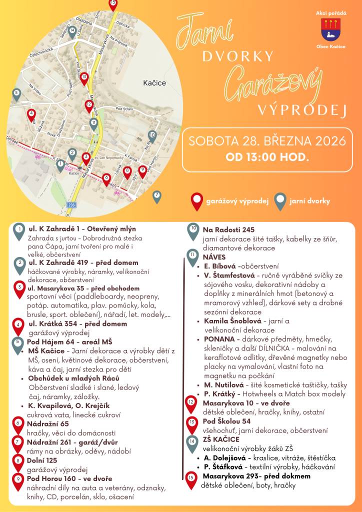 Srdečně Vás zveme v sobotu 28.3. 2026 od 13:00 hod. na jarní dvorky a garážový výprodej v Kačici.