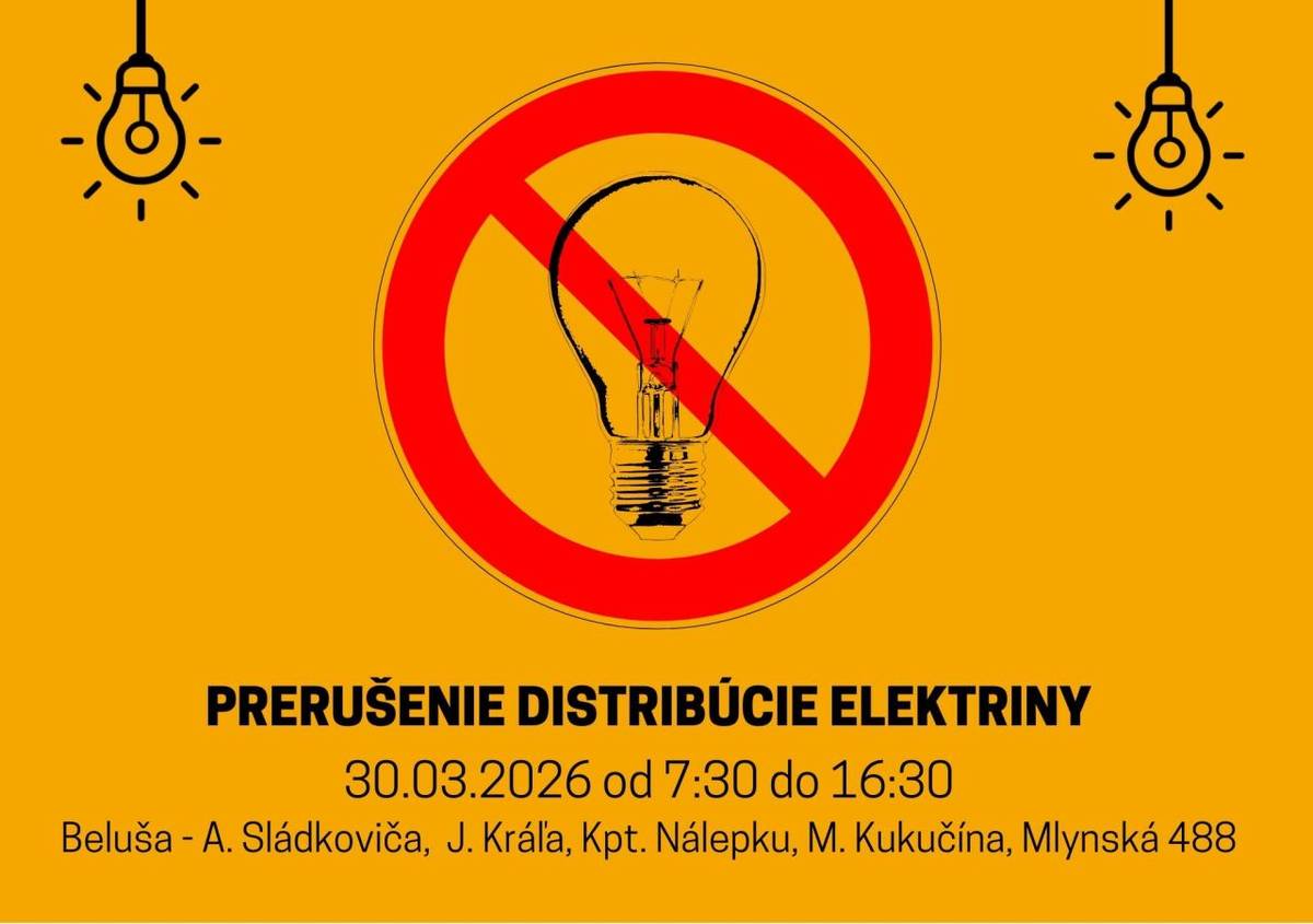 Dňa 30.3. 2026 bude od 7:30-16:30 vypnutá elektrina A. Sládkoviča  843-858, J. Kráľa, Kpt. Nálepku, M.Kukučína, Mlynská 488. Presné čísla domov nájdete v prílohe.