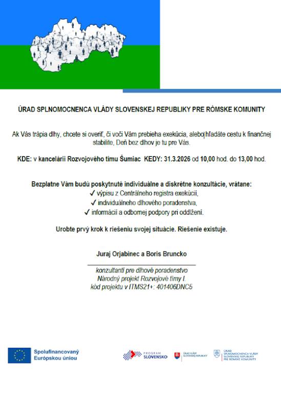 poradenstvo - dlhy, exekúcia, cesta k finančnej stabilite   kedy? 31.03.2026 (utorok)  o koľkej? od 10:00 hod do 13:00 hod  kde? kancelária Rozvojového tímu (vedľa Margarétkova)