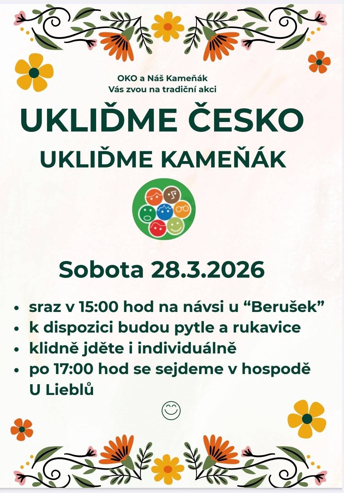 Předpověď počasí slibuje hezké sobotní odpoledne... nabízíme tedy procházku po Kameňáku s partou milých lidí v rukavicích s cílem uklidit naše okolí :-) A komu je milý rockový rytmus, měl by určitě ještě veřer zavítat do sokolovny!!!