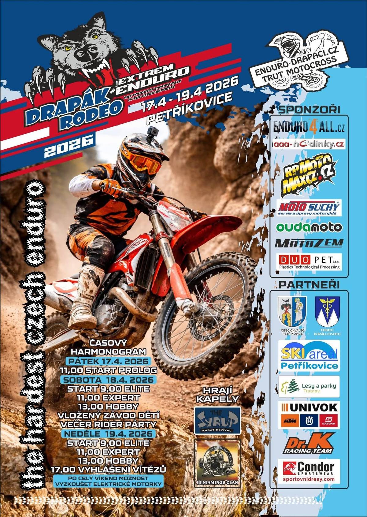 Ve dnech 17.4. - 19.4.2026 se v Petříkovicích koná tradiční Extrem Enduro Drapák Rodeo.