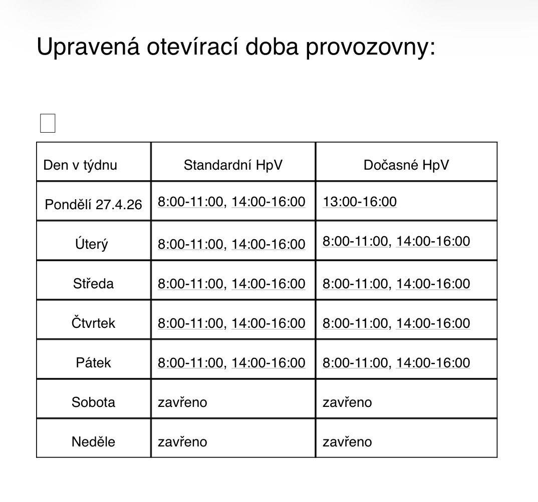📯 ČESKÁ POŠTA 📯   Dovolujeme si Vás informovat o dočasné změně hodin pro veřejnost provozovny Březno. Rozsah hodin pro veřejnost bude omezen na nezbytně nutnou dobu ve dne 27.4.2026 z provozních důvodů. 👇🏼