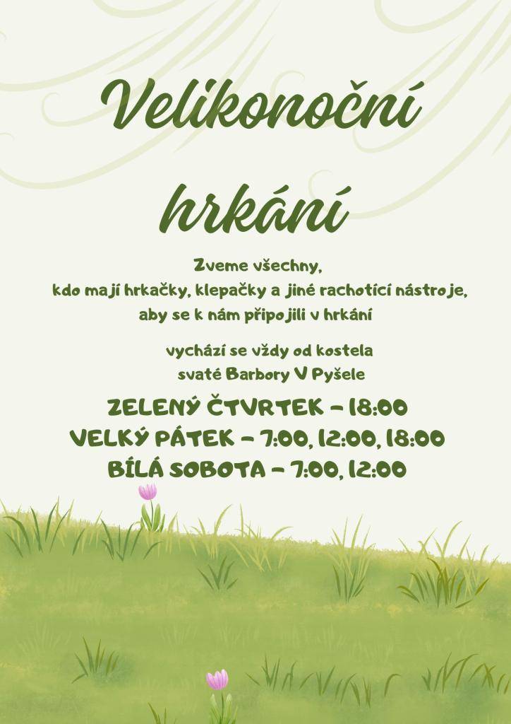 Na Zelený čtvrtek odletí zvony do Říma, jejich zvuk nahradí hrkání. Přijďte se přidat, ať to v naší obci zní, jaký máme čas. Vyráží se vždy v Pyšele od kostela.