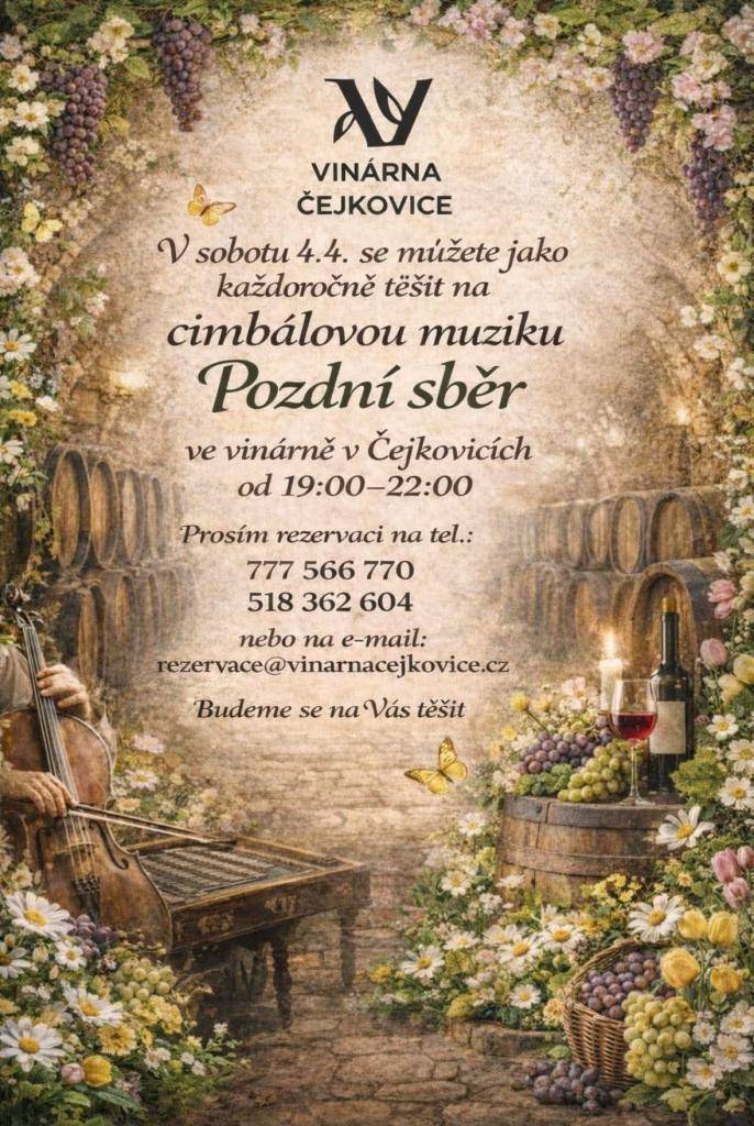 Kdy: sobota 4.4.2026 od 19:00  Kde: Vinárna Čejkovice