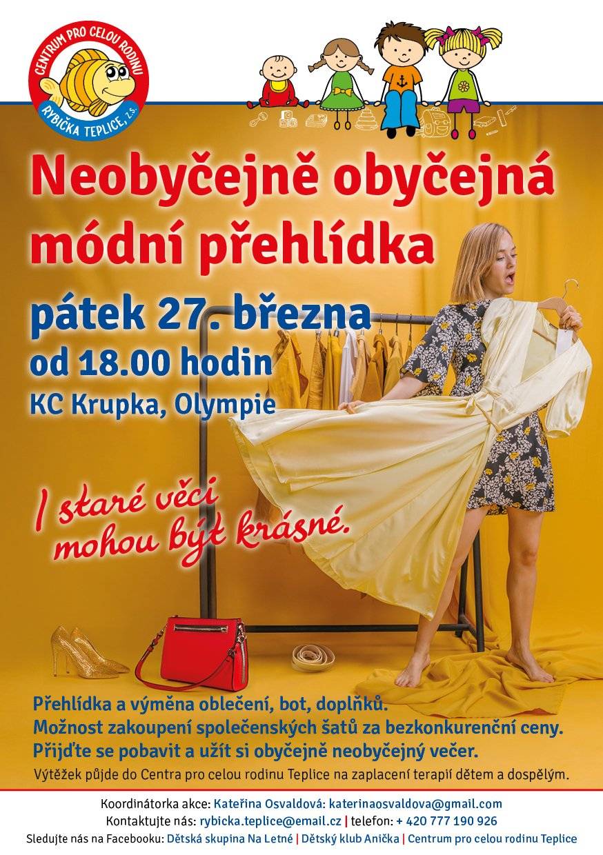 A proč neobyčejně obyčejná? Protože modelkami jsou naše kamarádky, maminky, babičky a předvádí krásné modely z druhé ruky – z oblečení, které jste sami darovali.  👉🏻 Těšíme se v pátek 27. března od 18 hodin v KC Krupka, Olympie. Přijďte, vyberte si oblečení a dejte mu druhou šanci 👗👕👖🥼👘