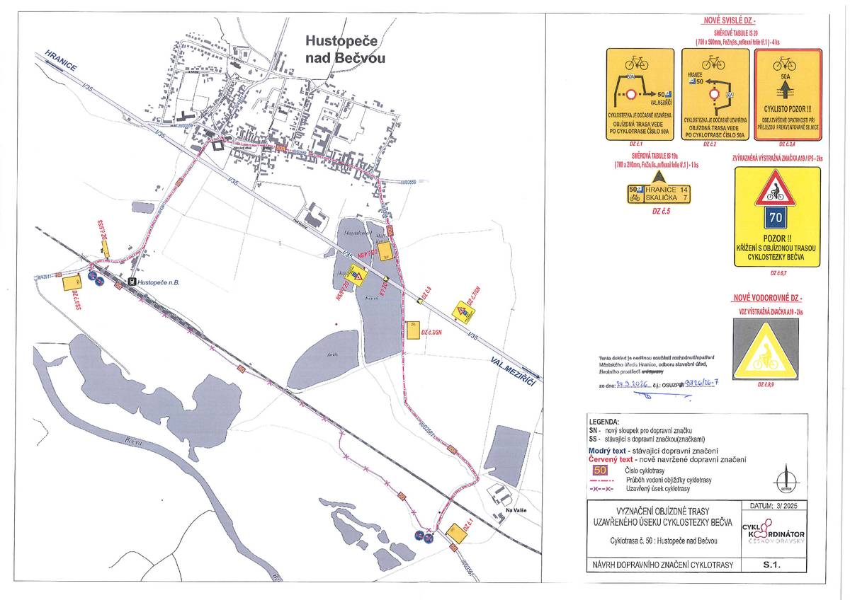 Přechodá úpravu provozu na pozemních komunikacích č. III/43911, č. III/03561 a č. III/03559 a místní komunikace – cyklotrasa č. 50 (Bečva) v k. ú. Hustopeče nad Bečvou. Doba přechodné úpravy provozu: od nabytí účinnosti tohoto stanovení do 30.12.2027 v případě změny termínu uzavírky po dobu uzavírky. Důvod úpravy: úplná uzavírka úseku Cyklostezky Bečva – cyklotrasa č. 50 Hustopeče nad Bečvou a vyznačení objízdné trasy – havárie benzenu v Hustopečích nad Bečvou (provádění sanačních prací). Bližší informace naleznete v příloze nebo v odkazu zde: https://hustopece.imunis.cz/edeska/detail?id=1904