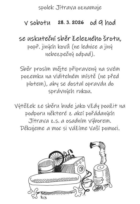Od 9 hodin. Sběr, prosím, mějte připravený na svém pozemku na viditelném místě (ne před plotem). Sběr zajišťuje spolek Jítrava.