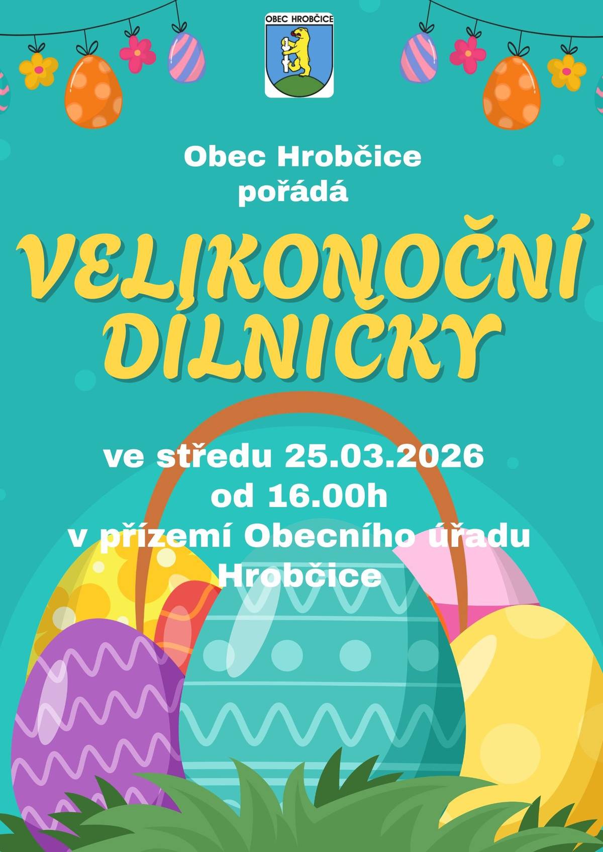 Vážení občané, přijďte si dnes užít velikonoční dílničky! Tvoření pro malé i velké, jarní atmosféra a spousta zábavy.Těšíme se na vás dnes od 16h v přízemí v zasedací místnosti Obecního úřadu Hrobčice.