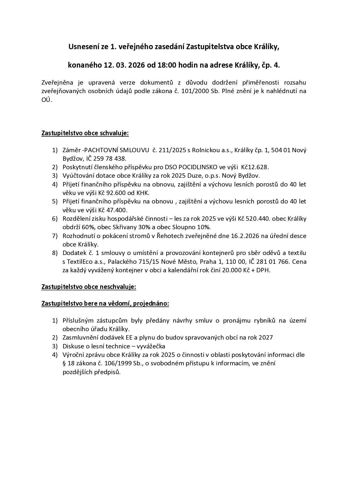 Usnesení OZ z 12.3.2026