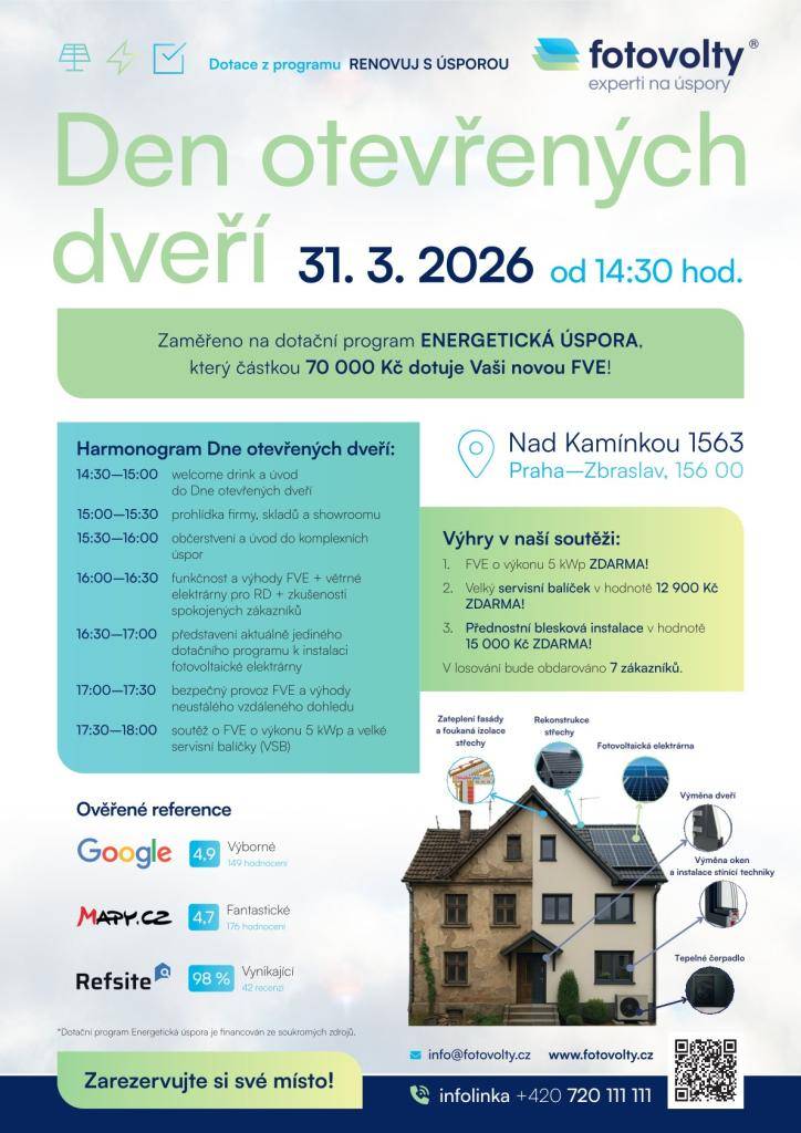 Zajímá Vás fotovoltaika a možnost získat dotaci až 70 000 Kč? Přijďte se podívat a zjistěte vše přehledně na jednom místě.