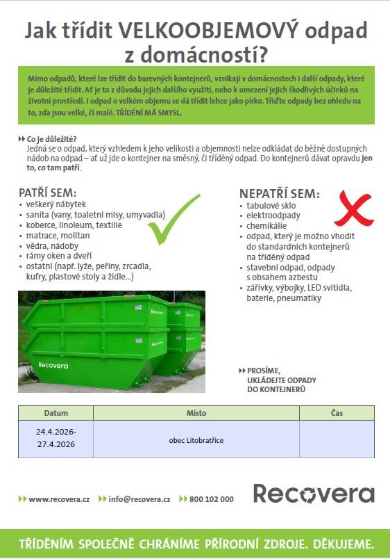 Jarní kontejnery na velkoobjemový odpad a sutě budou přistaveny v termínu 24.-27.4.2026. Žádáme občany o respektování pravidel správného třídění.