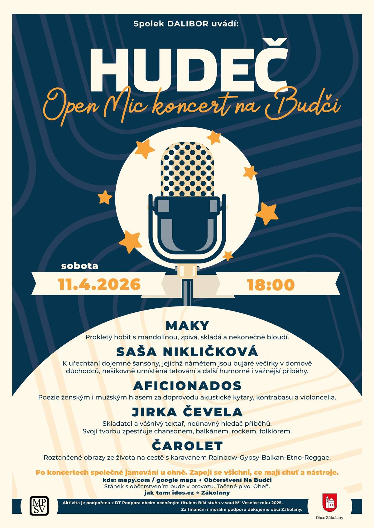 Byli jsme a budem - zas na Budči hudem! Zveme vás na první letošní koncert pod širým nebem! HUDEČ  Open Mic koncert na Budči V sobotu 11. dubna od 18:00.  Pivo, limo, jaro!
