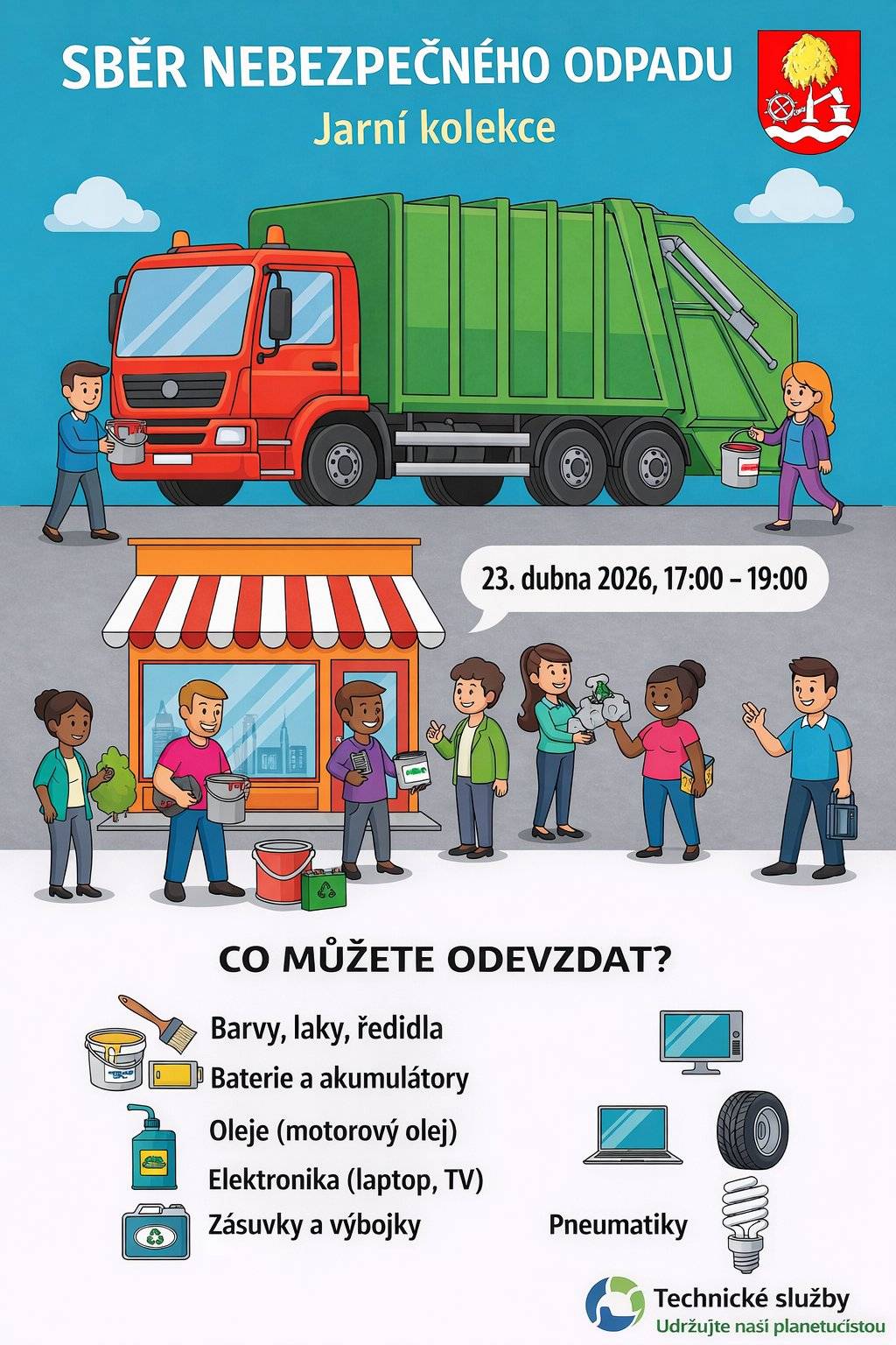 Obec Březová ve spolupráci s technickými službami zve občany na jarní sběr nebezpečného odpadu. 📅 Datum: 23. dubna 2026 🕔 Čas: 17:00–19:00 Využijte možnost bezpečně se zbavit nebezpečných složek odpadu z domácností. ♻️ Co můžete odevzdat:  barvy, laky a ředidla baterie a akumulátory oleje (např. motorový olej) elektrozařízení (např. televize, notebooky) zářivky a výbojky pneumatiky  👉 Pomozte nám chránit životní prostředí a udržovat naši obec čistou.