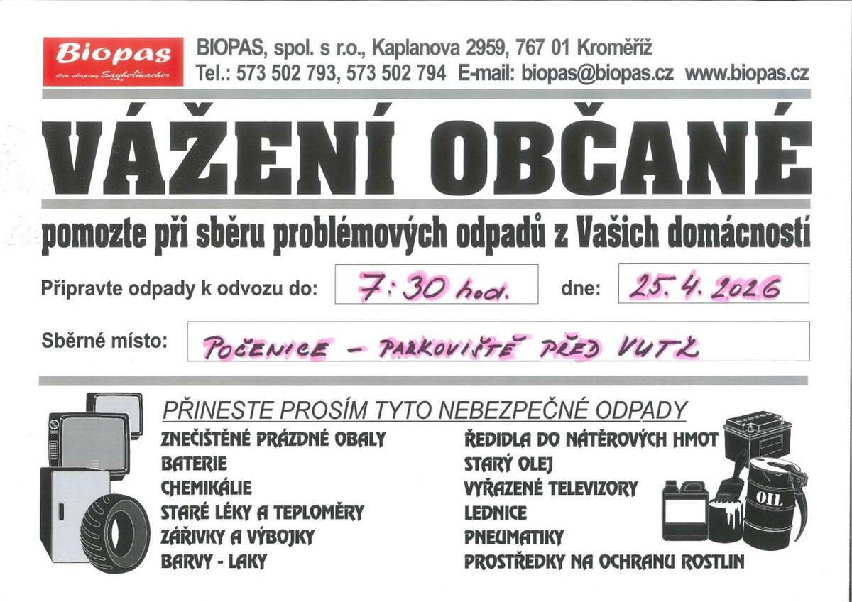 Svoz nebezpečných odpadů 25. dubna 2026 v 7:30 hod. V Počenicích parkoviště před VÚTZ, v Tetěticích u brány družstva.