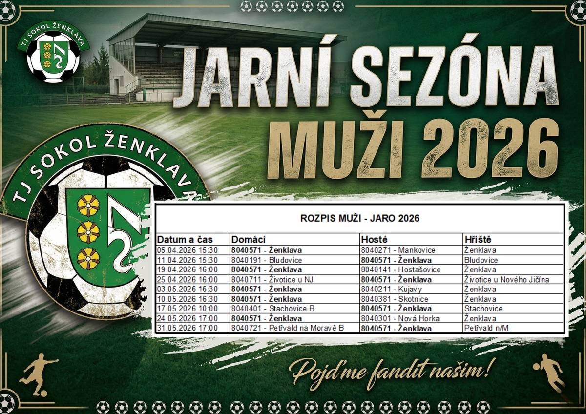 Přijďte podpořit naše fotbalisty v nadcházející sezóně. Tady jsou rozpisy utkání jednotlivých mužstev.
