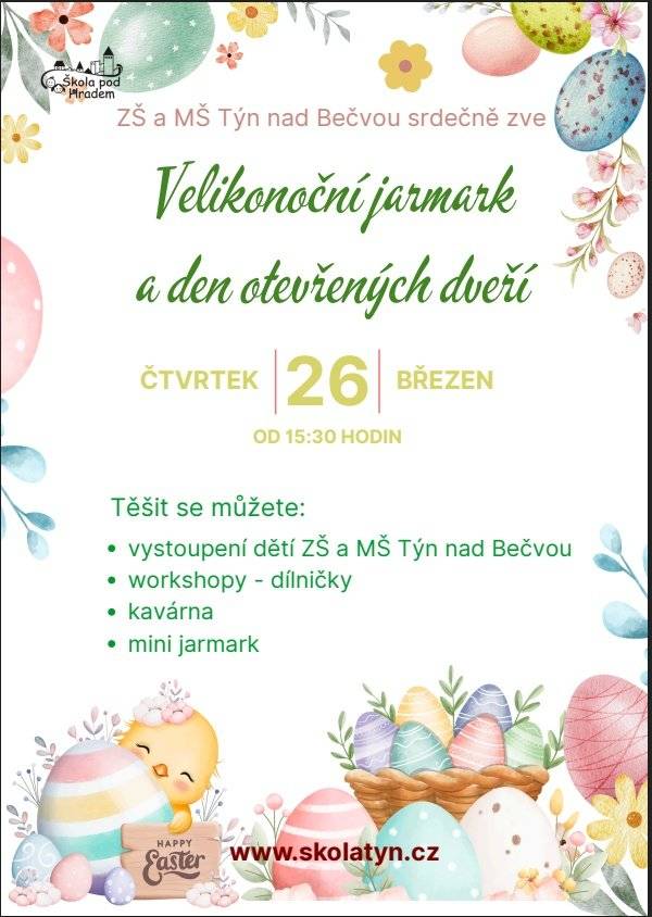 ZŠ a MŠ Týn nad Bečvou srdečně zve na Velikonoční jarmark a den otevřených dveří, ve čtvrtek 26.03.2026 od 15:30 h. Vystoupí děti ZŠ a MŠ, bude připraven workshop, mini jarmark i kavárna. Těšíme se na vás.
