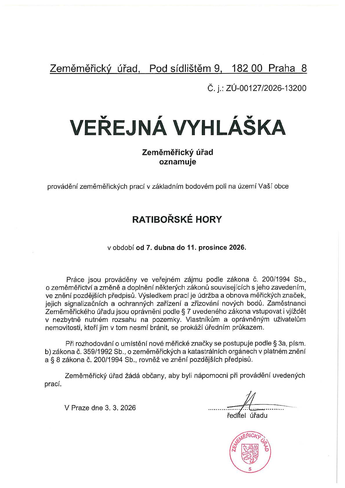 Zeměměřický úřad - oznámení o provádění zeměměřických prací v základním bodovém poli na území obce Ratibořské Hory od 7.4. do 11.12.2026.