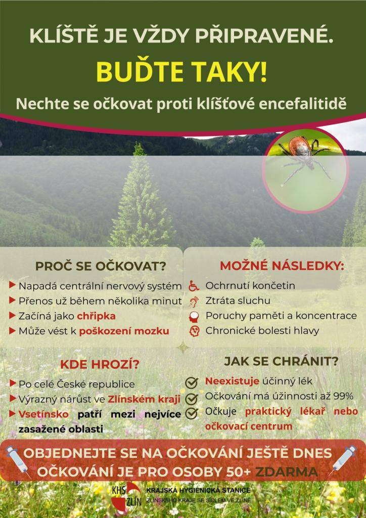 V letáku a v článku naleznete informace Krajské hygienické stanice Zlínského kraje ke klíšťové encefalitidě a možnosti očkování proti této nemoci.