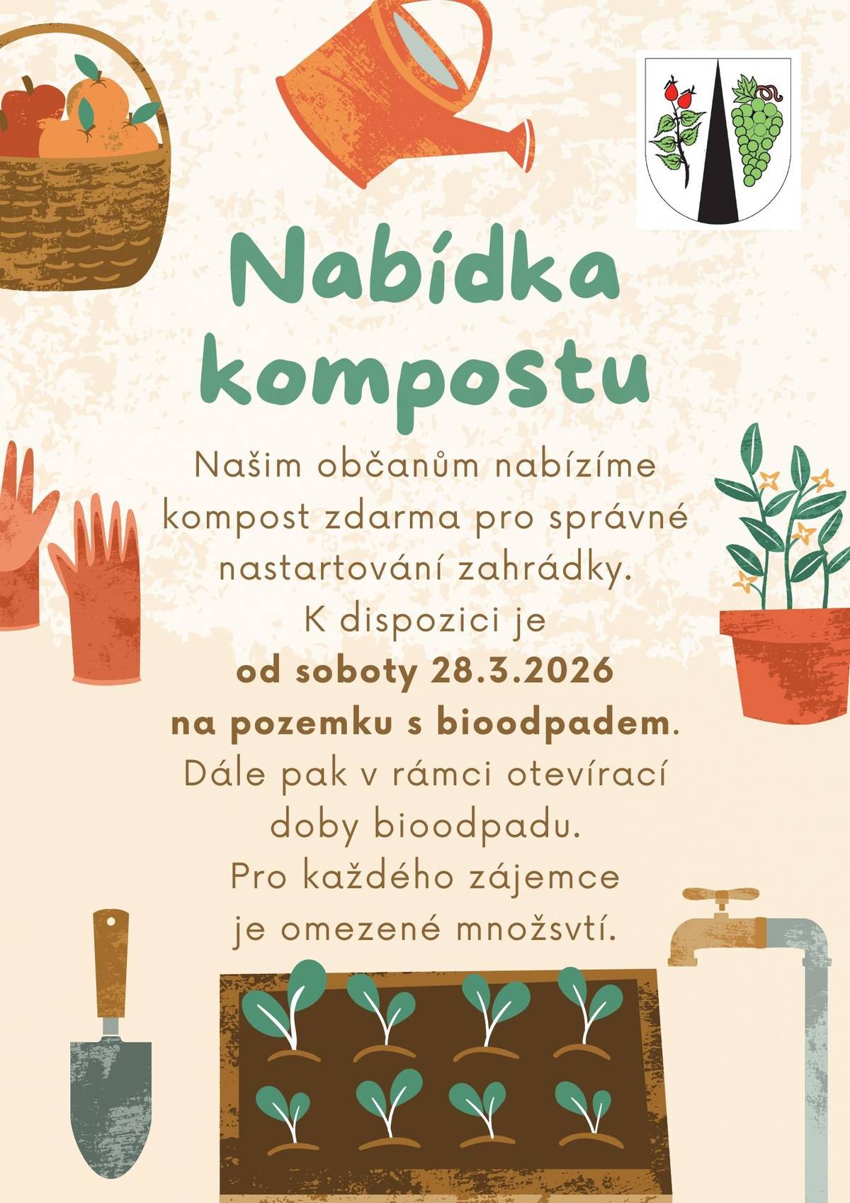 🌱 Nabídka kompostu zdarma 🌱  Chystáte se na zahrádkářskou sezónu? Máme pro vás skvělou zprávu!  Našim občanům nabízíme kompost zdarma, ideální pro správný start vaší zahrádky. 🌼  📅 K dispozici od: soboty 28. 3. 2026 📍 Místo: pozemek s bioodpadem ⏰ Následně dle otevírací doby bioodpadu  👉 Množství je omezené, tak neváhejte!  Dejte své zahradě to nejlepší přírodní hnojivo a nastartujte sezónu správně. 🌿