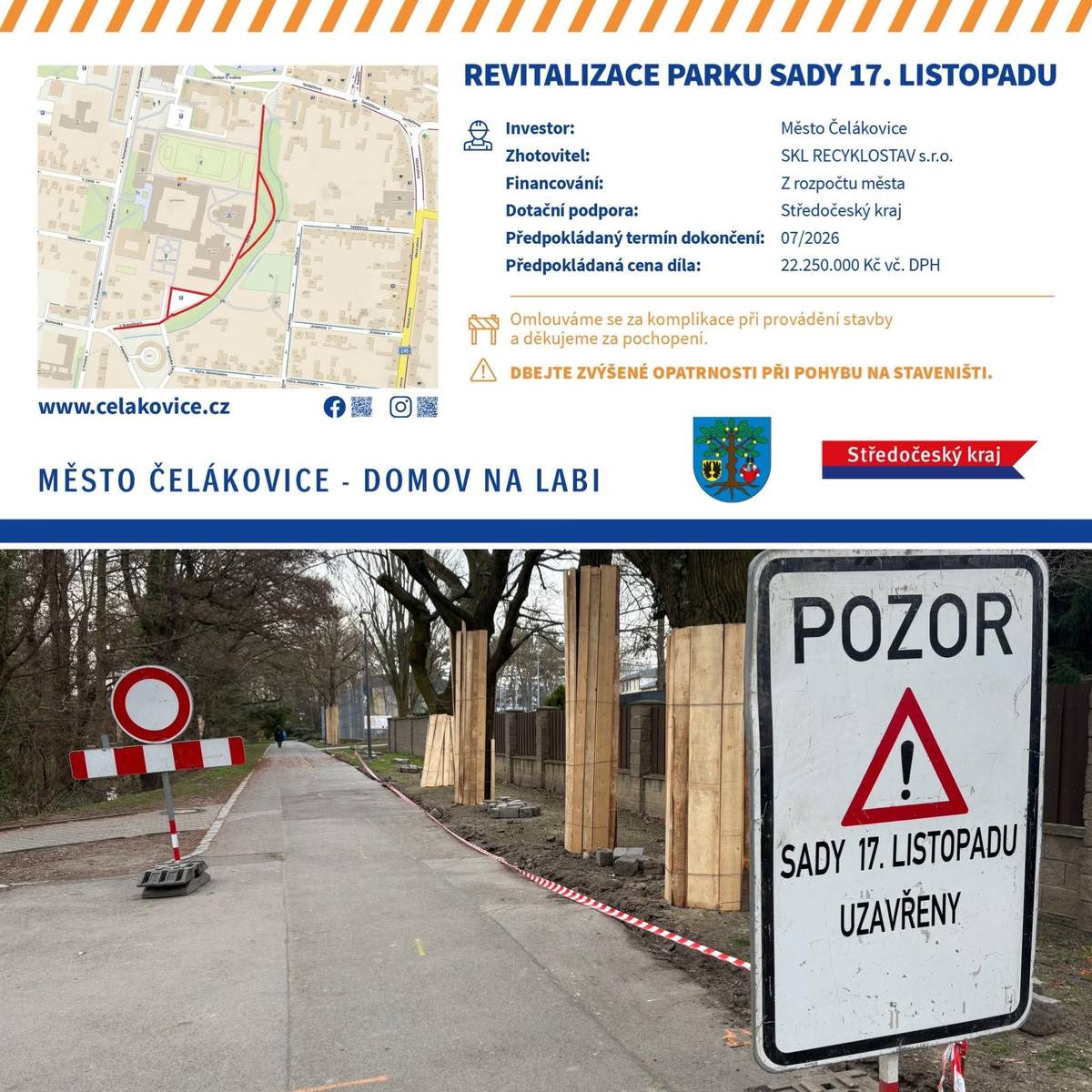 Od úterý 31. 3. se na tři dny uzavře park z důvodu frézování asfaltových povrchů.  BAZÉN: přístup bude přes školní hřiště u ZŠ J. A. Komenského.  KULTURNÍ DŮM: Do Kulturního domu bude na obě akce přístup zachován vždy z jednoho směru.  POSTUP PRACÍ: 31. 3. - frézování od ulice V Rybníčkách po Kulturní dům 1. 4. - 2. 4. - frézování od Kulturního domu po náměstí 5. května, včetně oblouku od ulice Vašátkova.