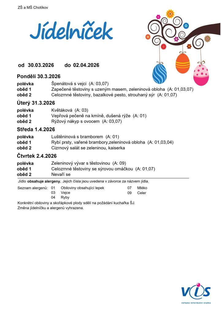 Jídelní lístek ZŠ a MŠ Chotíkov na týden 30. 03. 2026 - 02. 04. 2026.