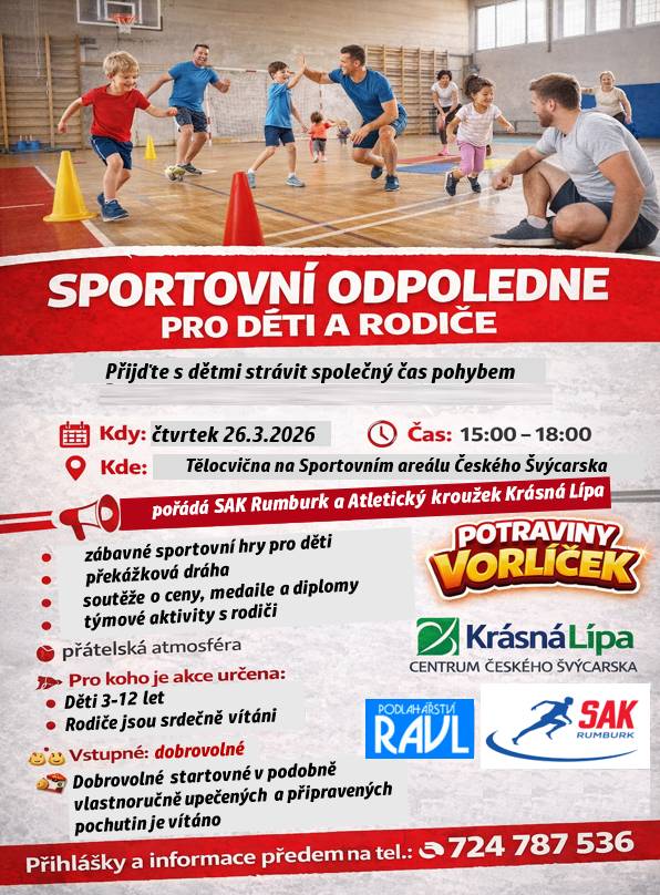 "Sportovní odpoledne pro dětí s možností zapojení rodičů již tento čtvrtek 26. 3. v tělocvičně na sportovním areálu. Drobné občerstvení a osvěžení zajištěno. Pro děti opravdové medaile, diplomy a ceny."