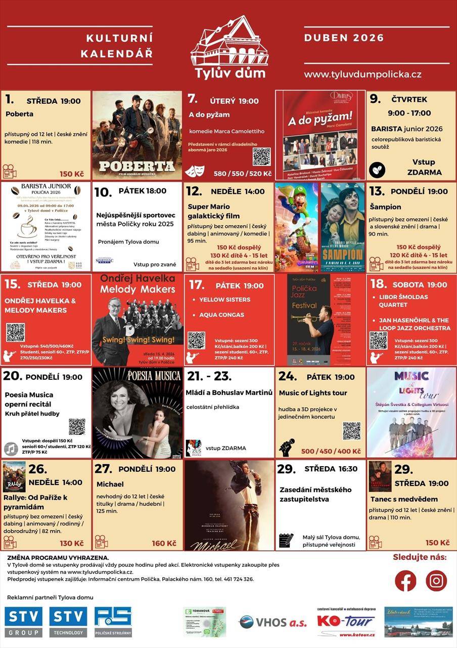 Vážení návštěvníci a příznivci Tylova domu,  program dubnového kina čítající šest titulů zahájí 1.4. „Poberta“, který se vrací z basy do rodného města, kde pod rouškou lockdownu plánuje „další kšeft“. Legendární hrdinové ze slavných videoher se znovu vydávají na filmové plátno 12.4. ve snímku „Super Mario galaktický ...  (Kultura / Tylův dům)