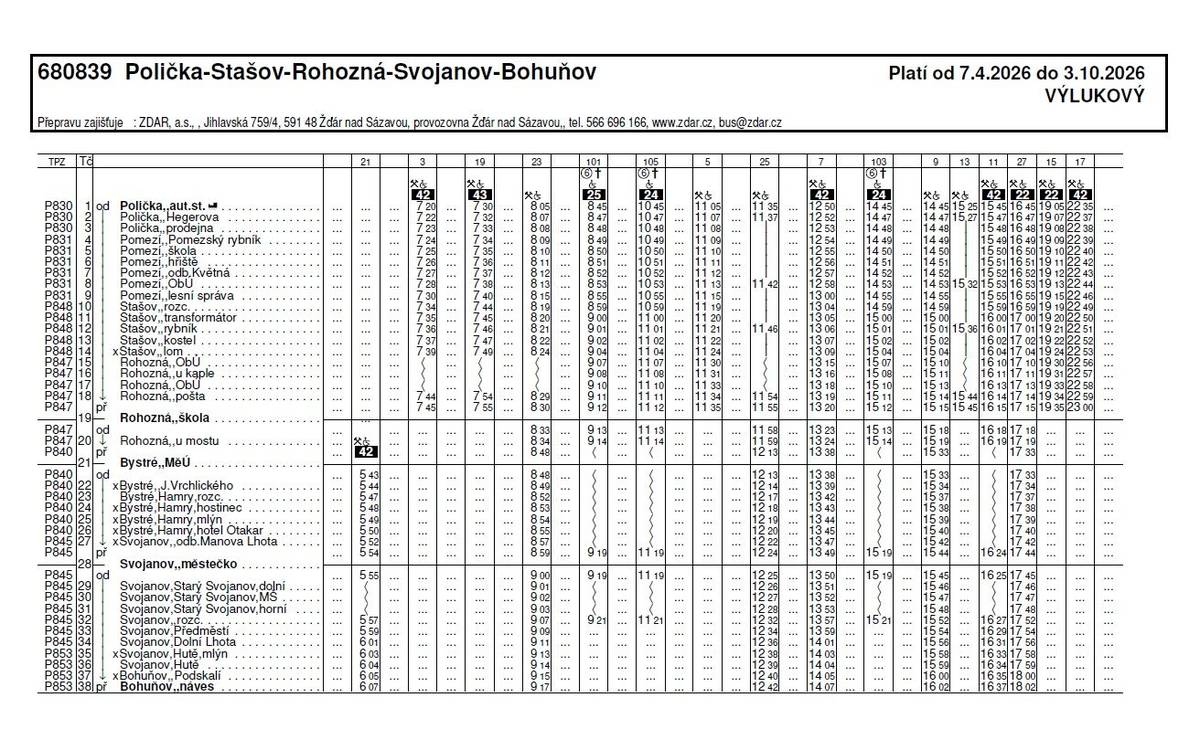 680839 Polička – Stašov – Rohozná –  Svojanov –  Bohuňov Na lince dochází k prodloužení vybraných spojů z/do Bohuňova se zajetím do Bystrého. U spojů také dochází k časovým posunům.
