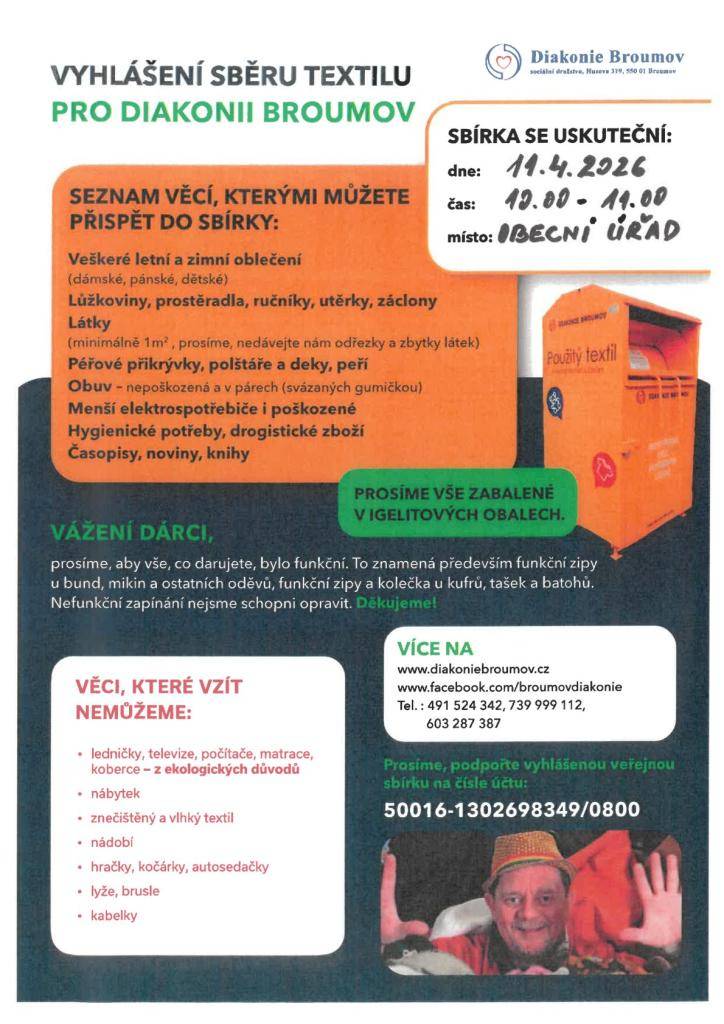 Sbírka se uskuteční dne 11.4.2026 od 10.00 hod. do 11.00 hod. před obecním úřadem.