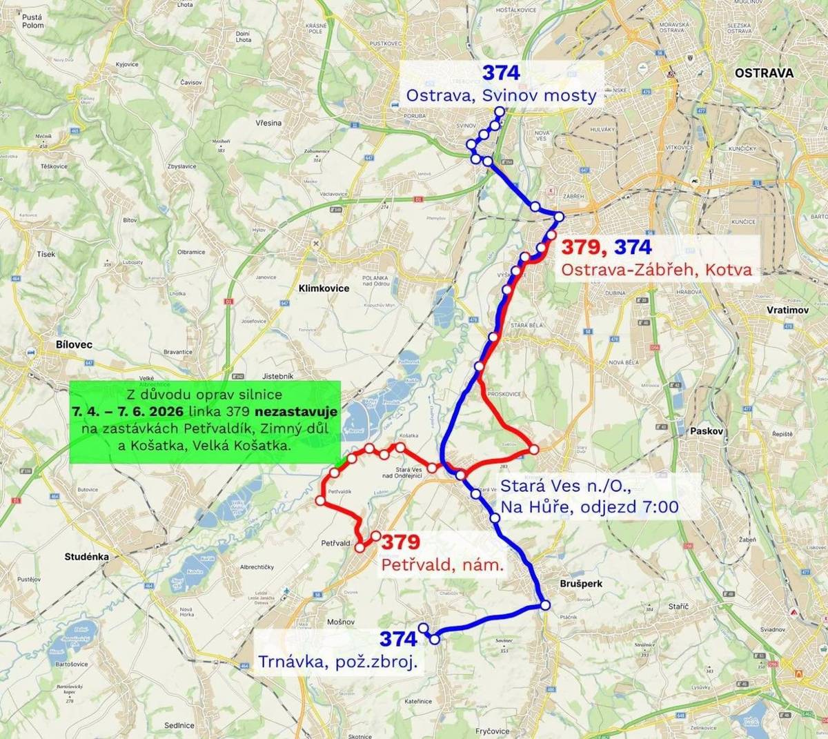 Obec SVnO upozorňuje na změny jízdních řádů od 7. 4. a 22. 4. 2026. Podrobnosti naleznete na webu obce v sekci Aktuality nebo Jízdní řády. Pro zodpovězení dotazů ohledně změny jízdních řádů, návaznosti spojů, obsazenosti dopravy apod. bude dnes v čase od 16 do 19 h v restauraci Odra v Košatce přítomen zástupce společnosti KODIS.