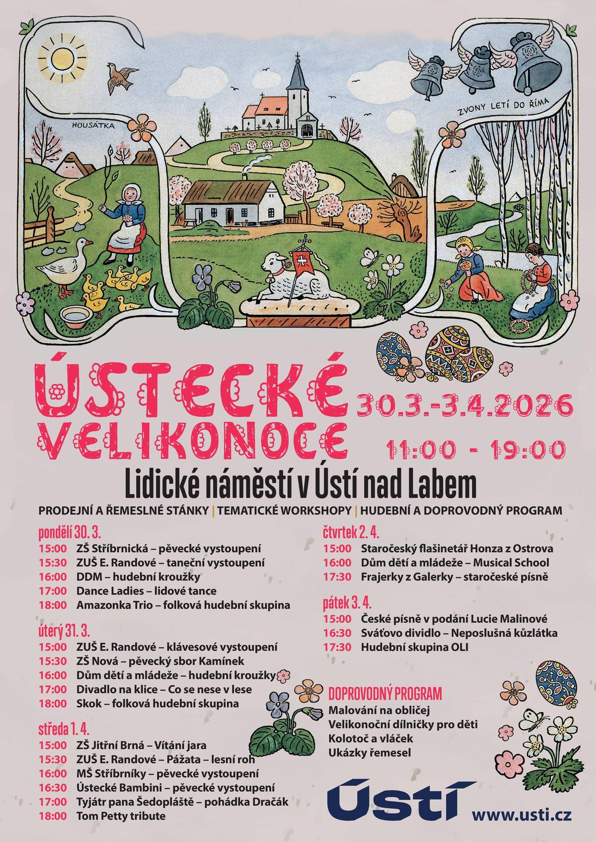 Lidické náměstí se i letos stane místem, kde si můžete užít příjemnou velikonoční atmosféru, tradiční trhy i bohatý doprovodný program.  Ústecké Velikonoce nabídnou pestré vyžití pro děti i dospělé. Od 30. března do 3. dubna Vás čekají stánky s řemeslnými výrobky, velikonočními dekoracemi i občerstvením. Každý den bude připravena také kulturní nabídka plná hudby, vystoupení a aktivit pro rodiny s dětmi. Program láká například na koncerty kapel různých žánrů, vystoupení folklorních souborů i prezentace místních škol a uměleckých kroužků. Pro děti budou připraveny divadelní pohádky a tvořivé dílničky zaměřené na velikonoční tradice. Chybět nebudou ani ukázky tradičních řemesel a oblíbené atrakce jako kolotoč nebo malování na obličej. Ve dnech 2. a 3. dubna si navíc ve stánku města Ústí nad Labem budou děti moci vyrobit velikonoční zápich, košíček nebo zdolat kvíz Brouka Pytlíka.  Prodejní a řemeslné stánky budou otevřeny každý den od 11:00 do 19:00, program začíná vždy v 15:00.  Přijďte si užít sváteční atmosféru, setkat se s přáteli a načerpat jaro přímo v centru Ústí nad Labem.