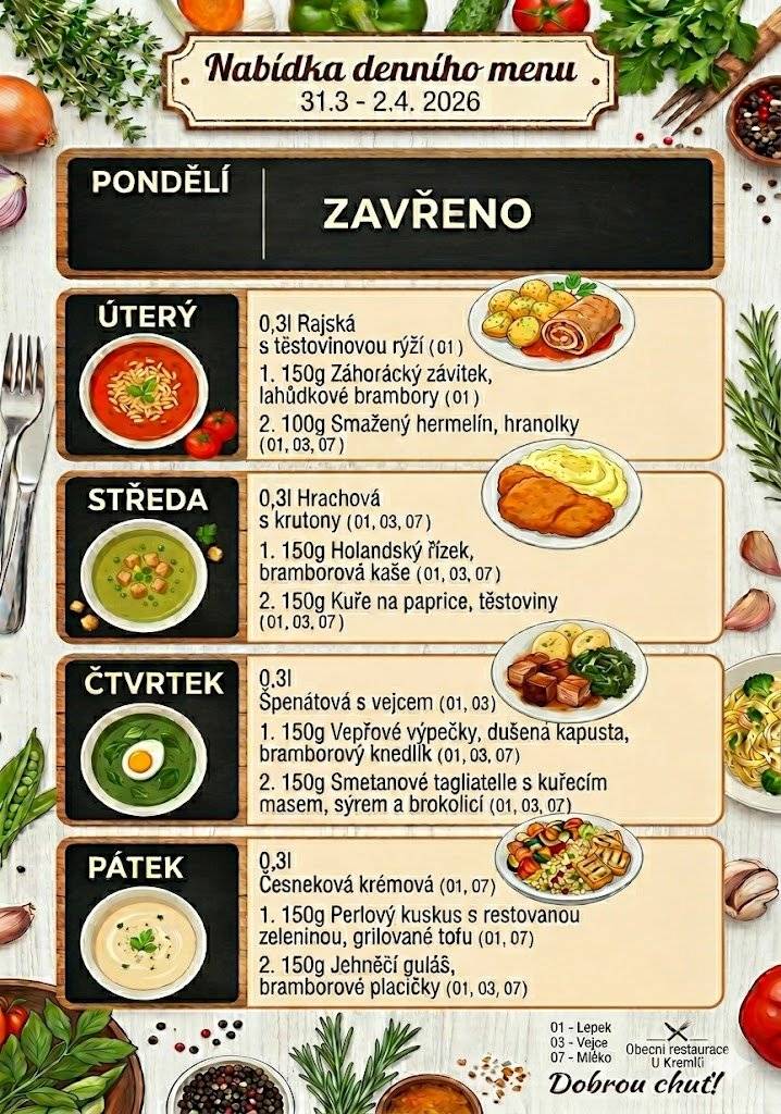 🍺🍾Obecní restaurace U Kremlů 🍴🥙 zve na 🥚🐣denní menu velikonočního týdne, 🥬🌺velikonoční nabídku a nabízí 🍗🍔🍟 catering a rauty. Přijďte si vychutnat velikonoční speciality právě k nám! 😋