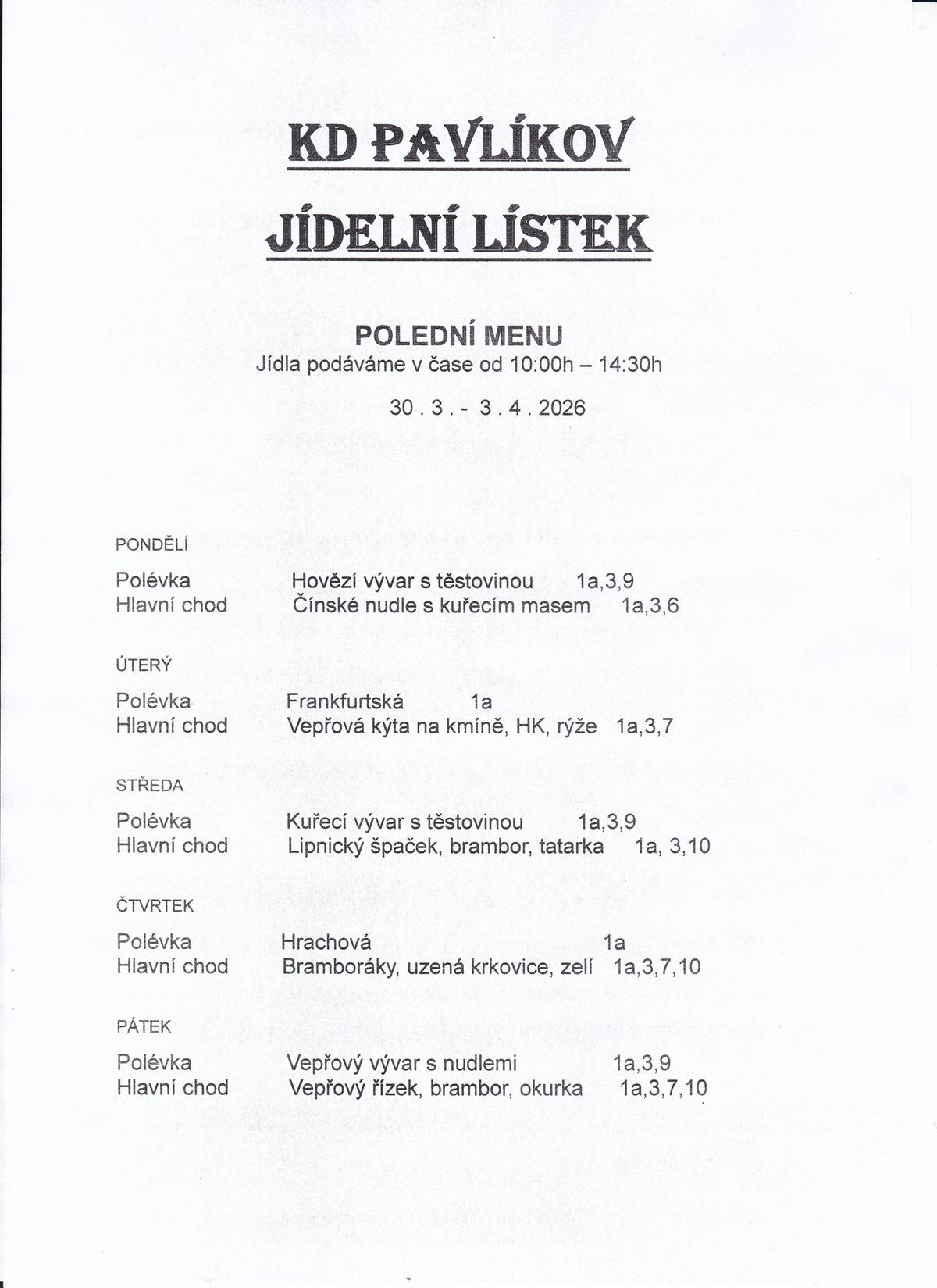 Jídelní lístek KD Pavlíkov od 30.3. do 3.4.2026