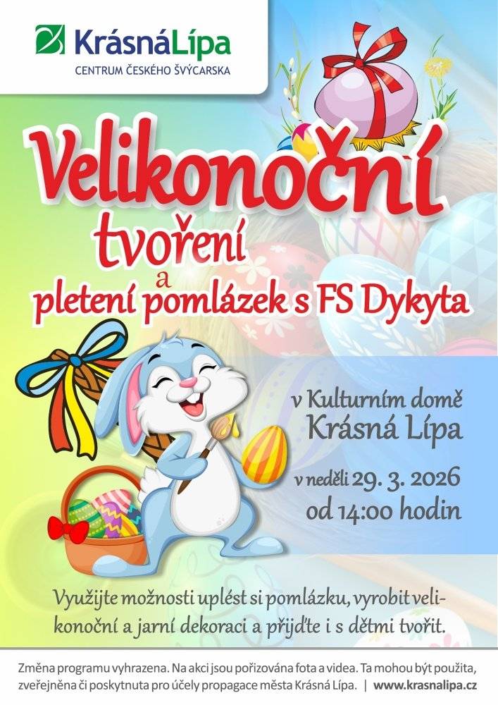 zvou do Kulturního domu Krásná Lípa na velikonoční tvoření a pletení pomlázek. Využijte možnost uplést si pomlázku, vyrobit si velikonoční a jarní dekoraci a přijďte i s dětmi tvořit. Velikonoční tvoření se koná v neděli 29. března 2026 a začíná ve 14:00.