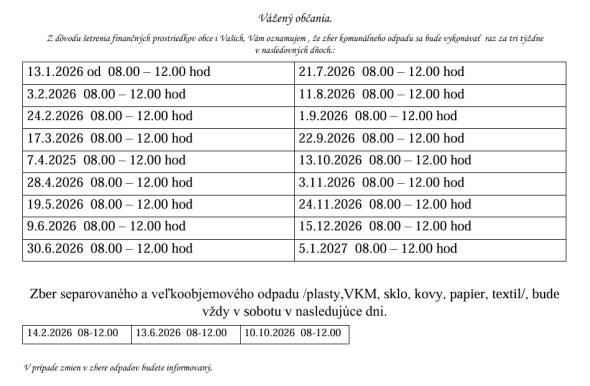 Zvoz odpadu na rok 2026