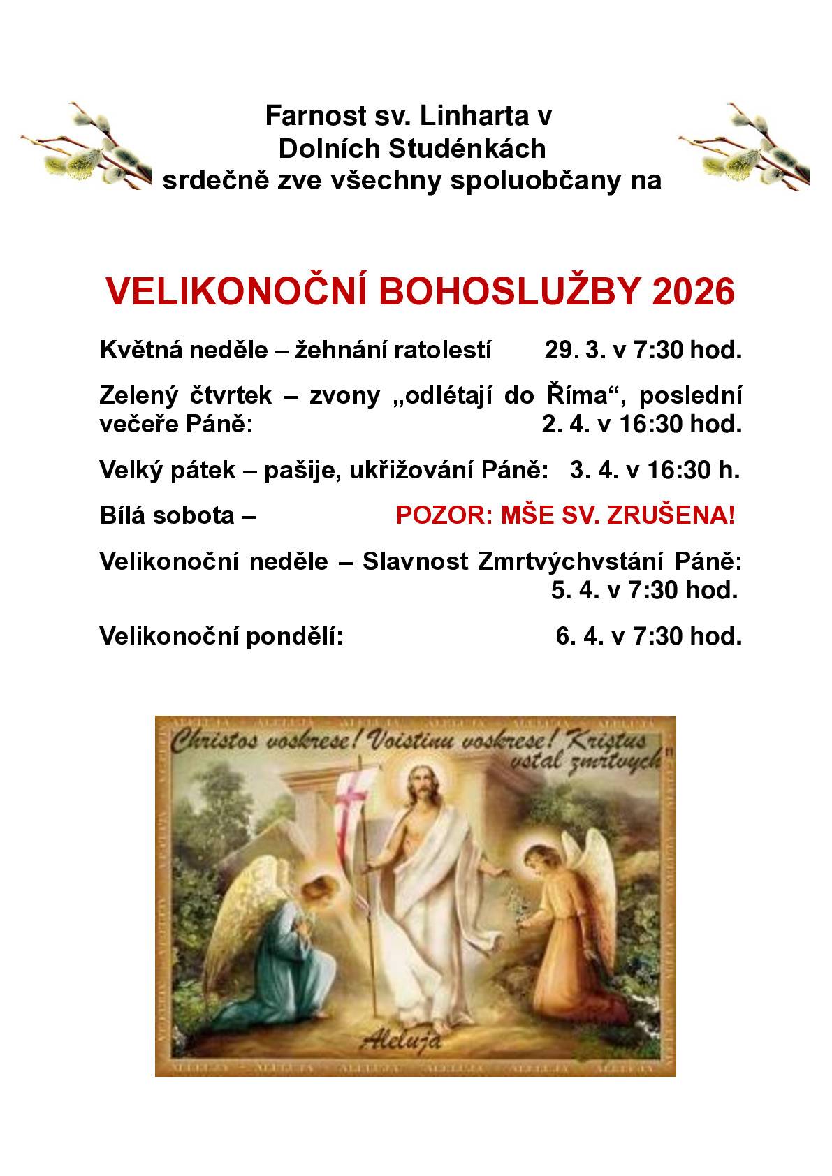 Farnost sv. Linharta v Dolních Studénkách zve všechny občany na velikonoční bohoslužby.