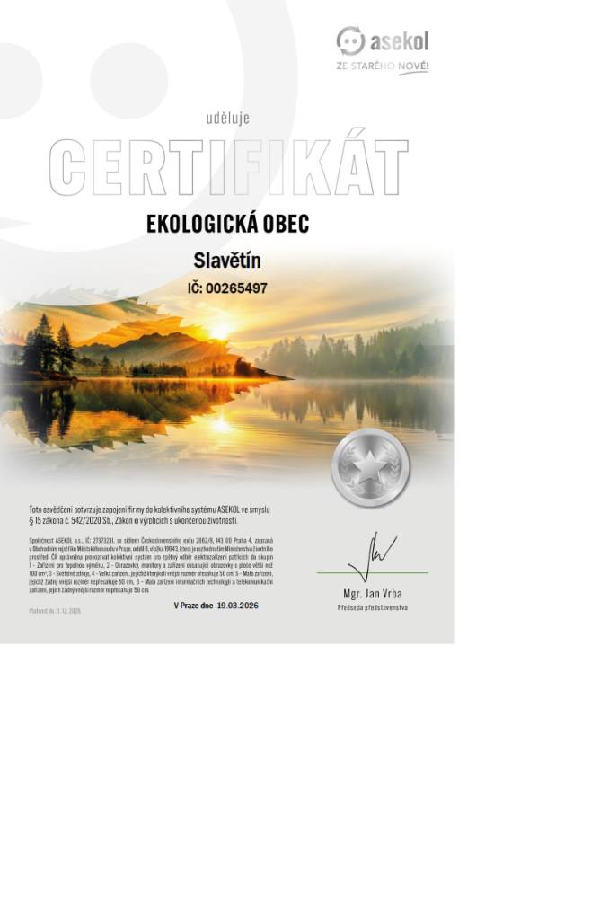 Naše obec byla oceněna stříbrným certifikátem Ekologická obec, což dokládá naši odpovědnou roli v oblasti sběru a recyklace vysloužilých elektrozařízení. Tento úspěch potvrzuje dlouhodobou snahu o ochranu životního prostředí a podporu udržitelného hospodaření.